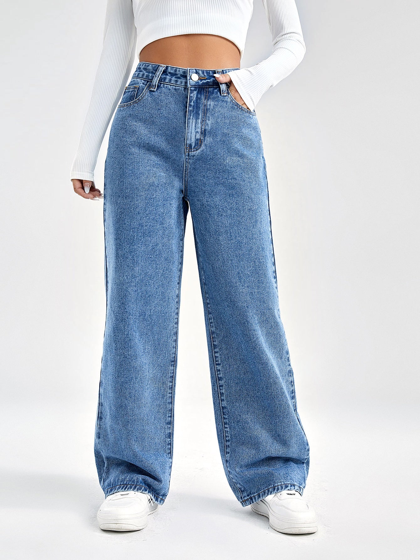 SHEIN EZwear Damesjeans met losse pasvorm, rechte pijpen en zakken, casual en veelzijdig