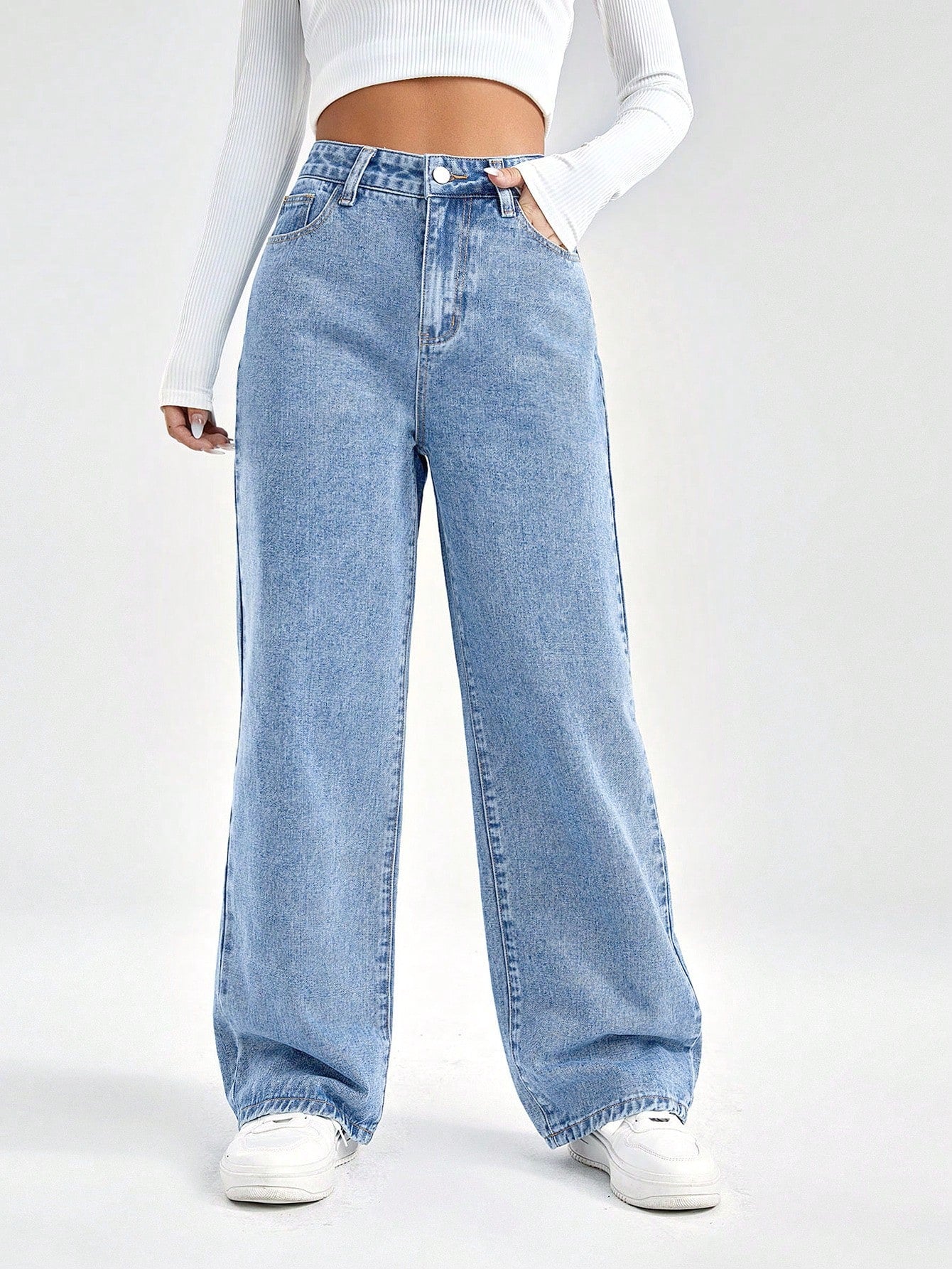 SHEIN EZwear Damesjeans met losse pasvorm, rechte pijpen en zakken, casual en veelzijdig
