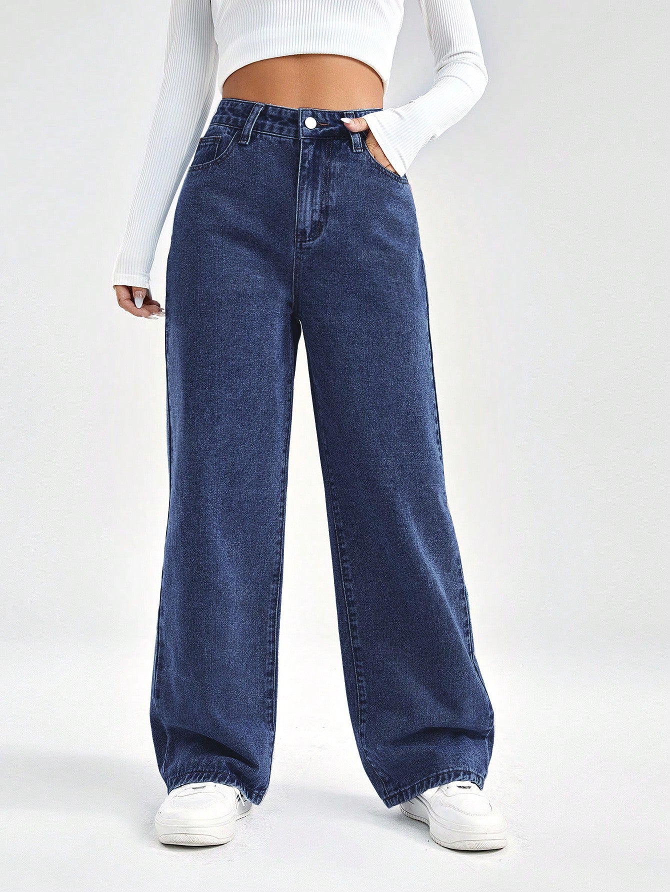 SHEIN EZwear Damesjeans met losse pasvorm, rechte pijpen en zakken, casual en veelzijdig