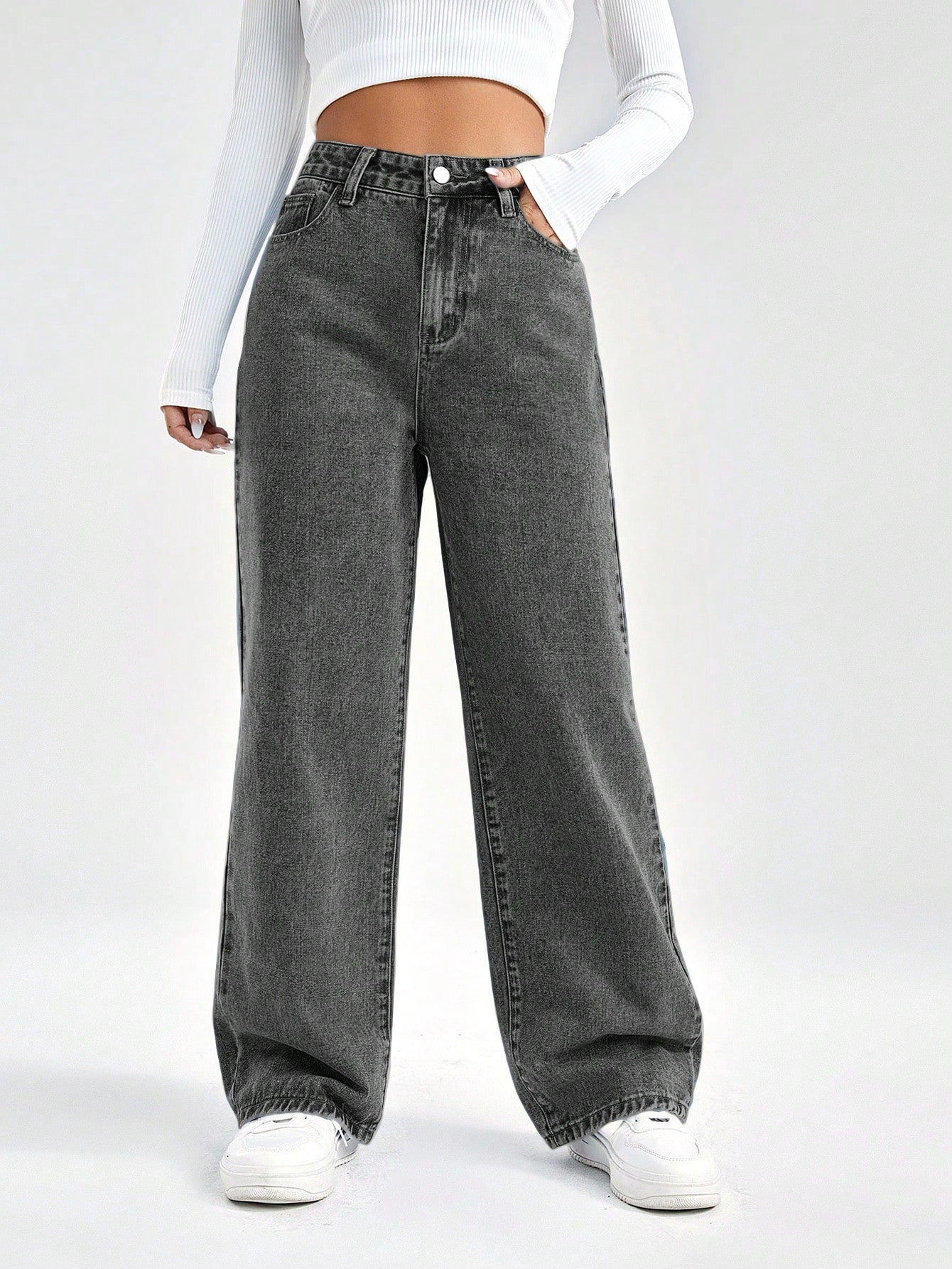 SHEIN EZwear Damesjeans met losse pasvorm, rechte pijpen en zakken, casual en veelzijdig