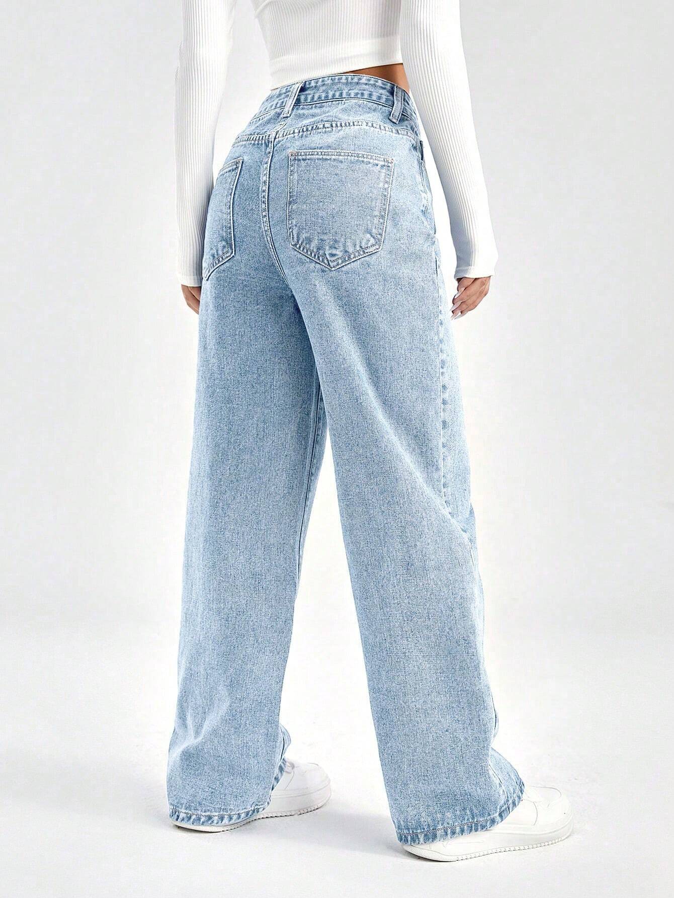 SHEIN EZwear Damesjeans met losse pasvorm, rechte pijpen en zakken, casual en veelzijdig