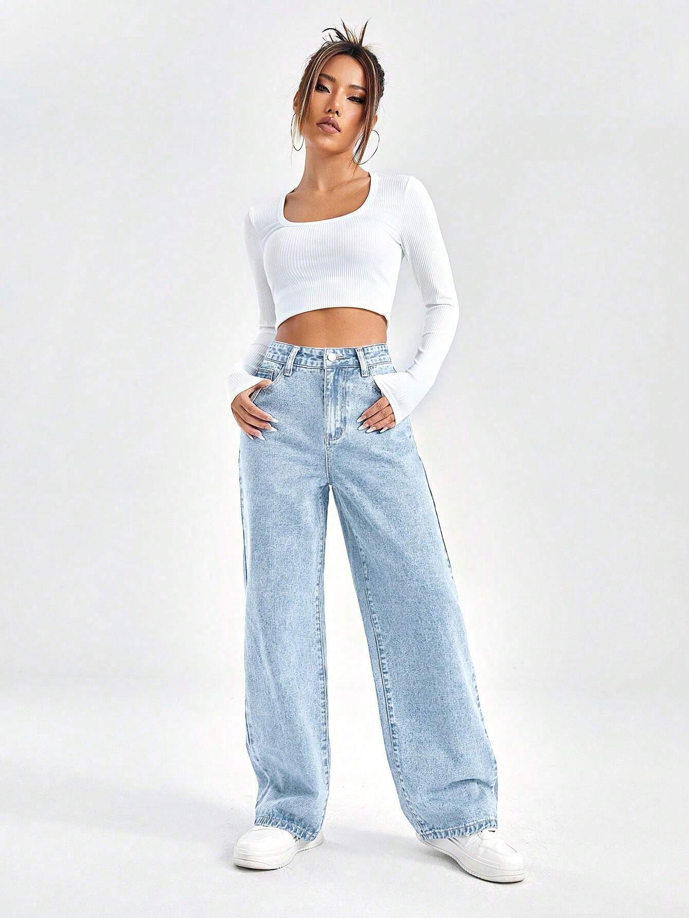 SHEIN EZwear Damesjeans met losse pasvorm, rechte pijpen en zakken, casual en veelzijdig