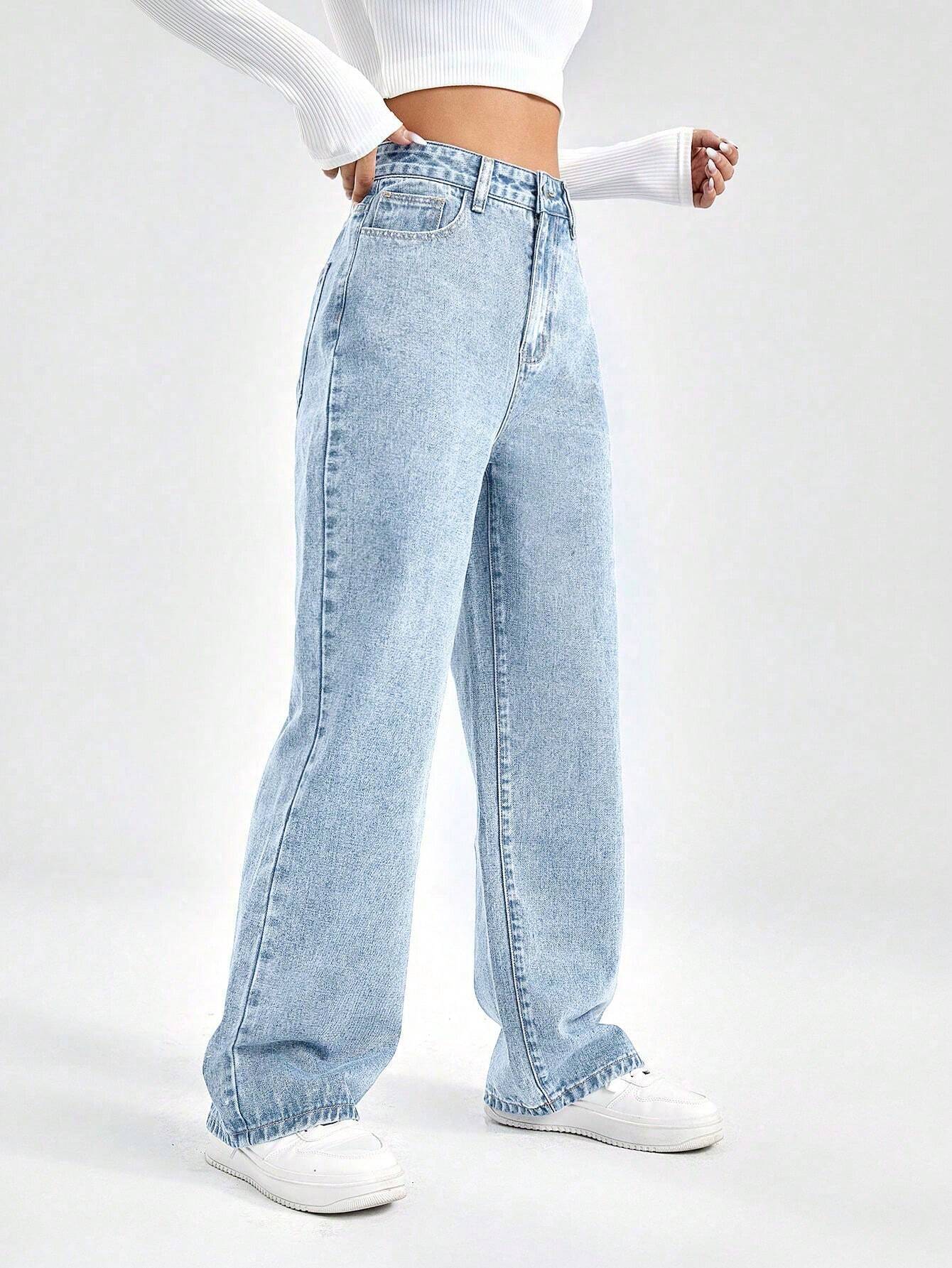 SHEIN EZwear Damesjeans met losse pasvorm, rechte pijpen en zakken, casual en veelzijdig