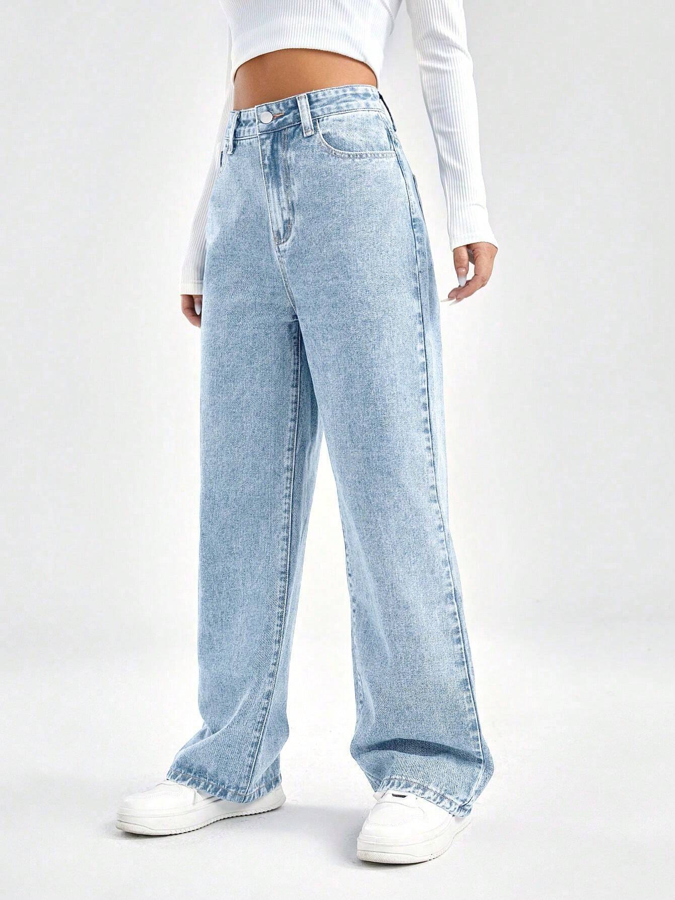 SHEIN EZwear Damesjeans met losse pasvorm, rechte pijpen en zakken, casual en veelzijdig
