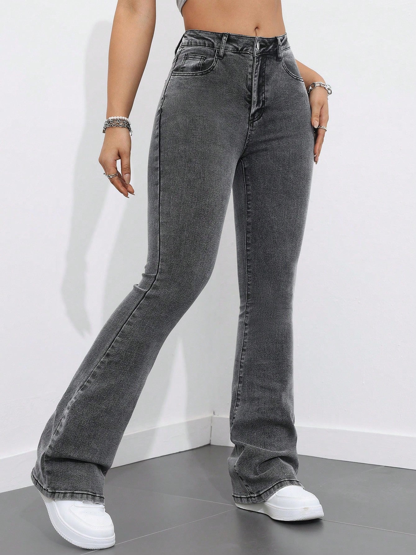 SHEIN Dames effen zak flared leg casual veelzijdige denim jeans