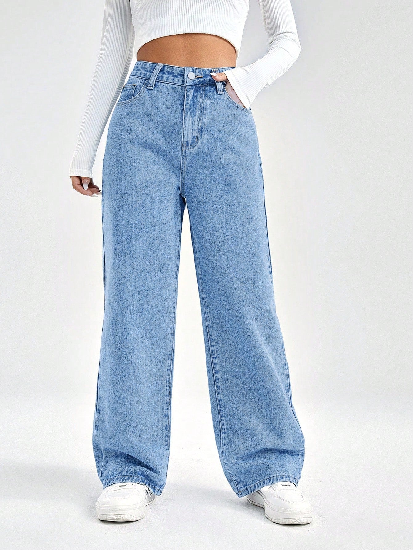 SHEIN EZwear Damesjeans met losse pasvorm, rechte pijpen en zakken, casual en veelzijdig