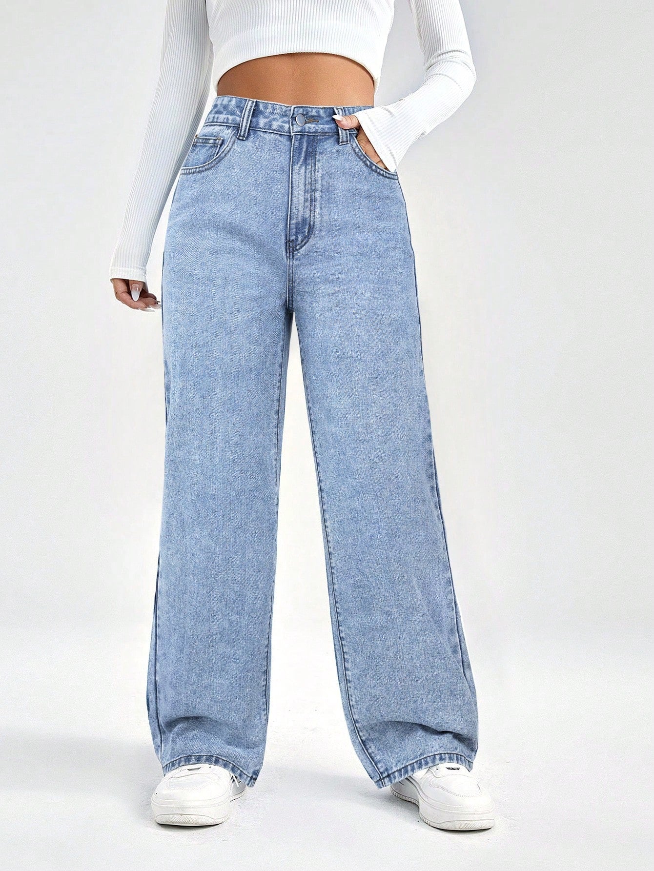 SHEIN EZwear Damesjeans met losse pasvorm, rechte pijpen en zakken, casual en veelzijdig