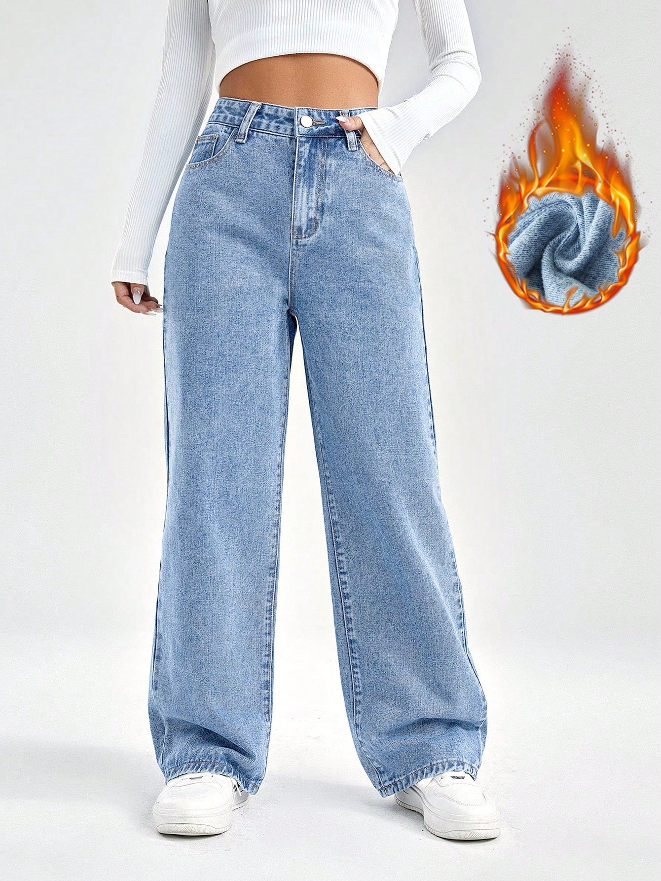 SHEIN EZwear Damesjeans met losse pasvorm, rechte pijpen en zakken, casual en veelzijdig