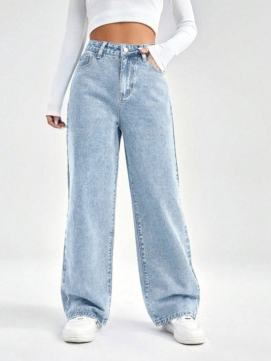SHEIN EZwear Damesjeans met losse pasvorm, rechte pijpen en zakken, casual en veelzijdig