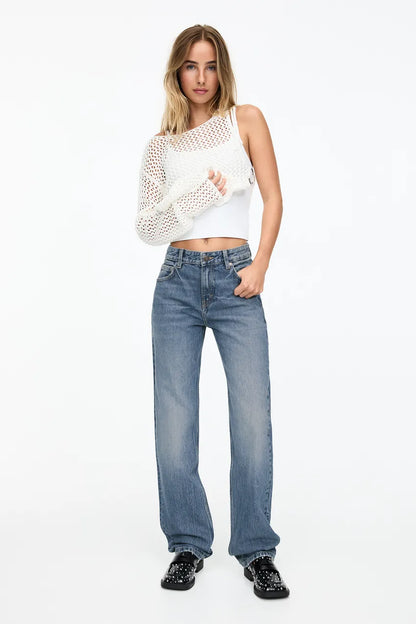 Straight jeans met halfhoge taille half blue